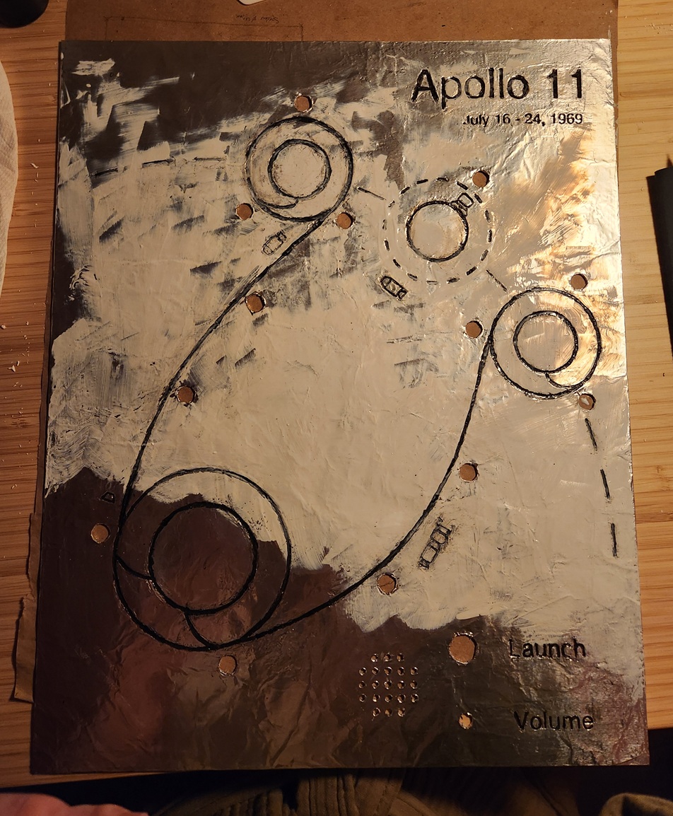A panel partially sealed with Mod Podge, showing the transition from dried sealant, wet sealant, and unsealed foil.